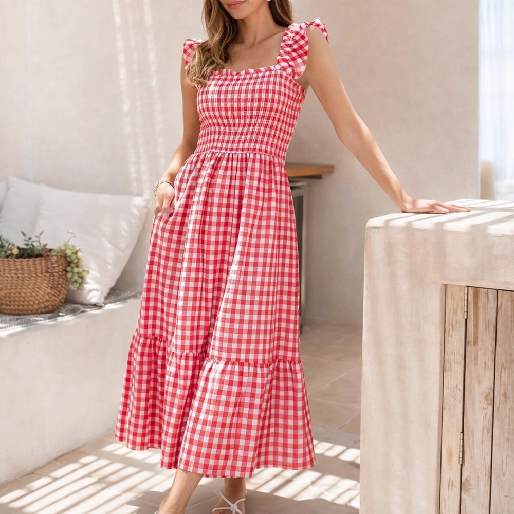 Crown & Ivy, Iconic Red Gingham Smocked Cotton Midi Dress Petite, EUC SIZE 4P
